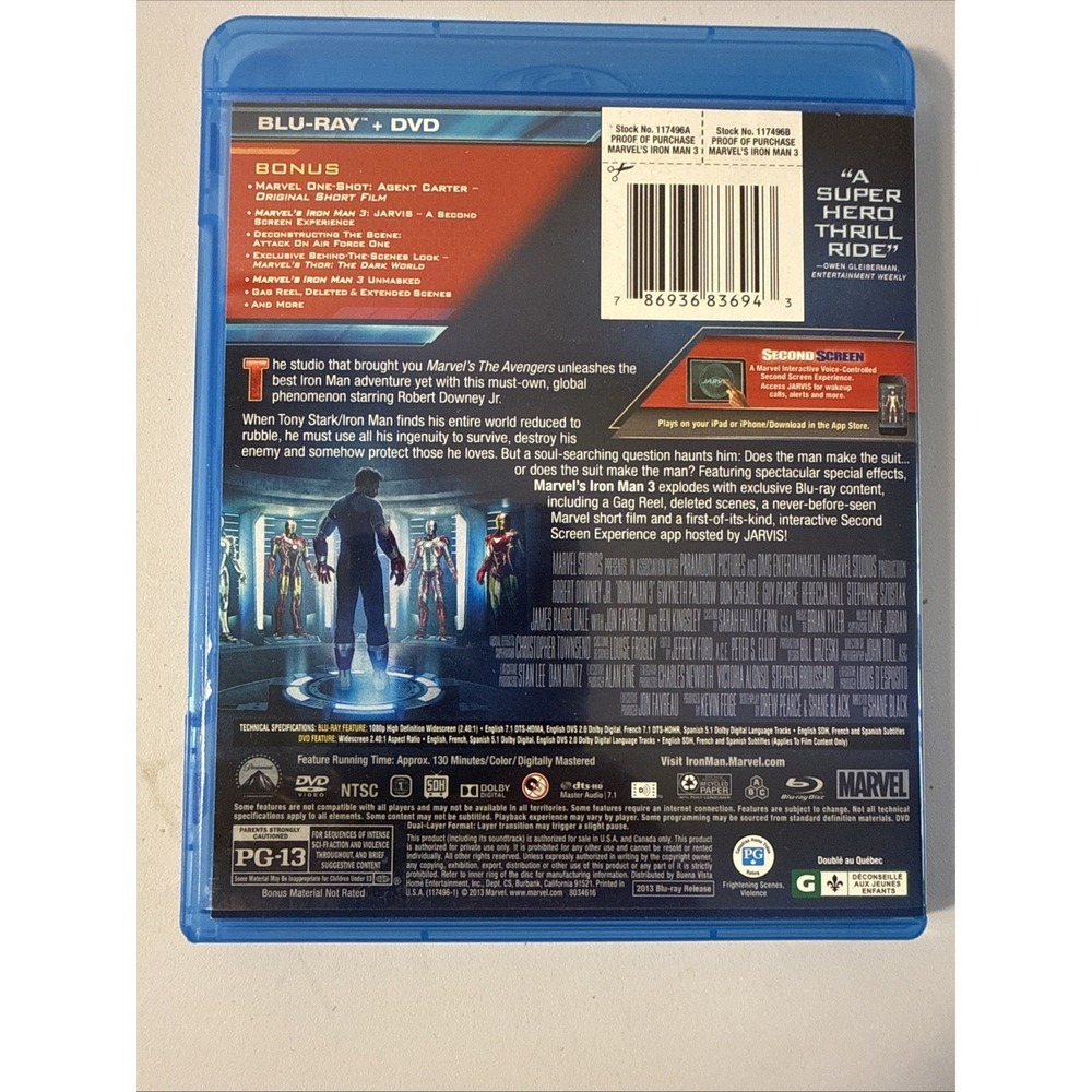 IRON MAN 3 - (Blu-ray, DVD, 2013) - Robert Downey Jr, Gwyneth Paltrow - Picture 3 of 4